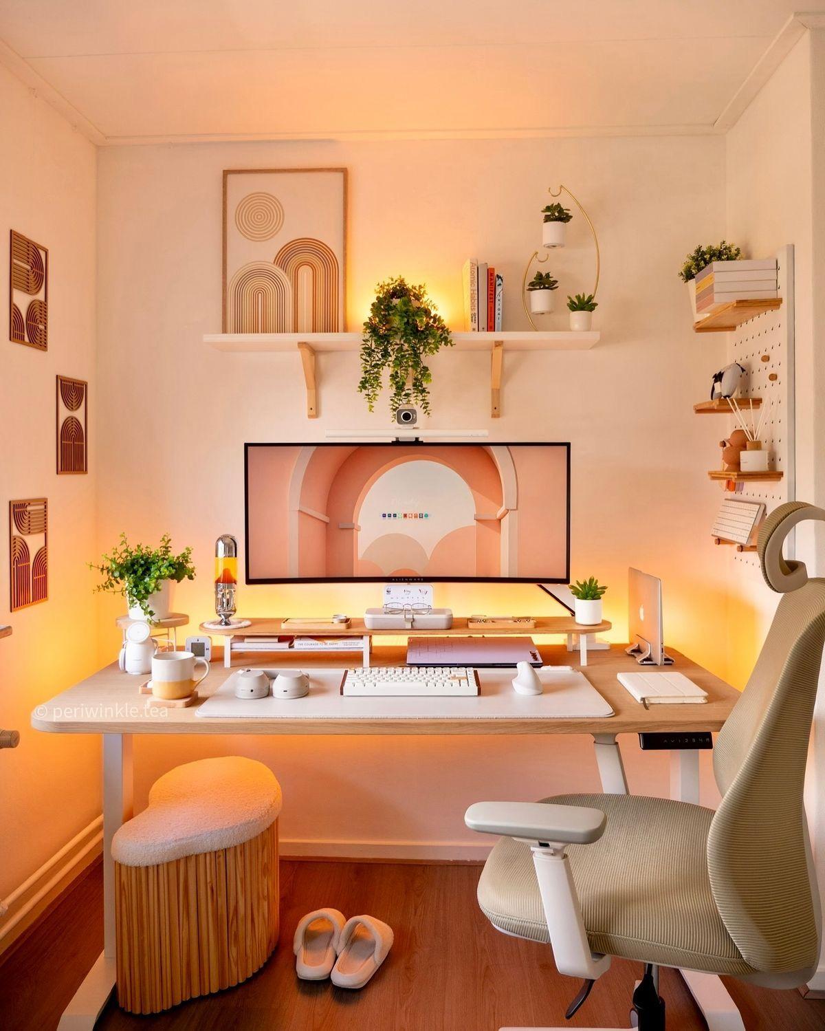 Warm workspace with ambient lighting and plants