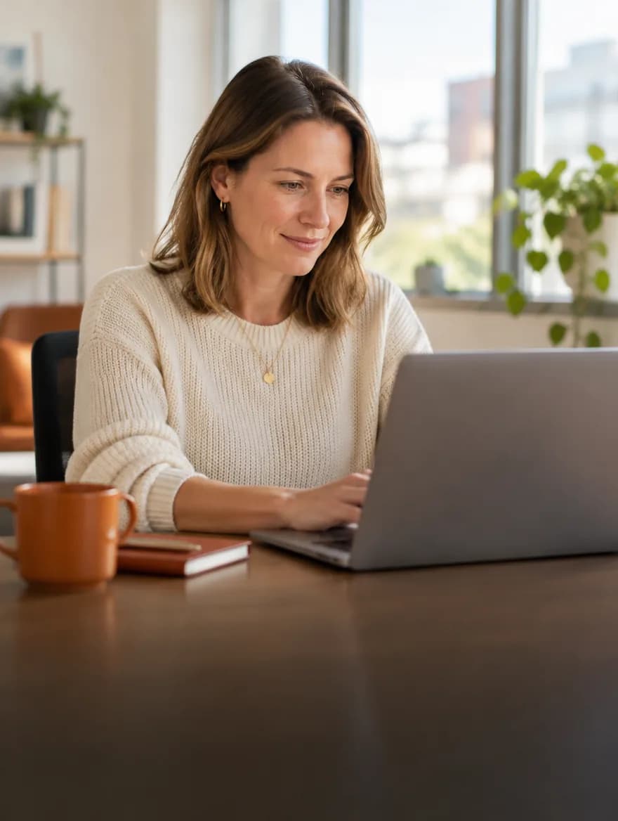 A hiring manager reviewing a candidate's work on her laptop
